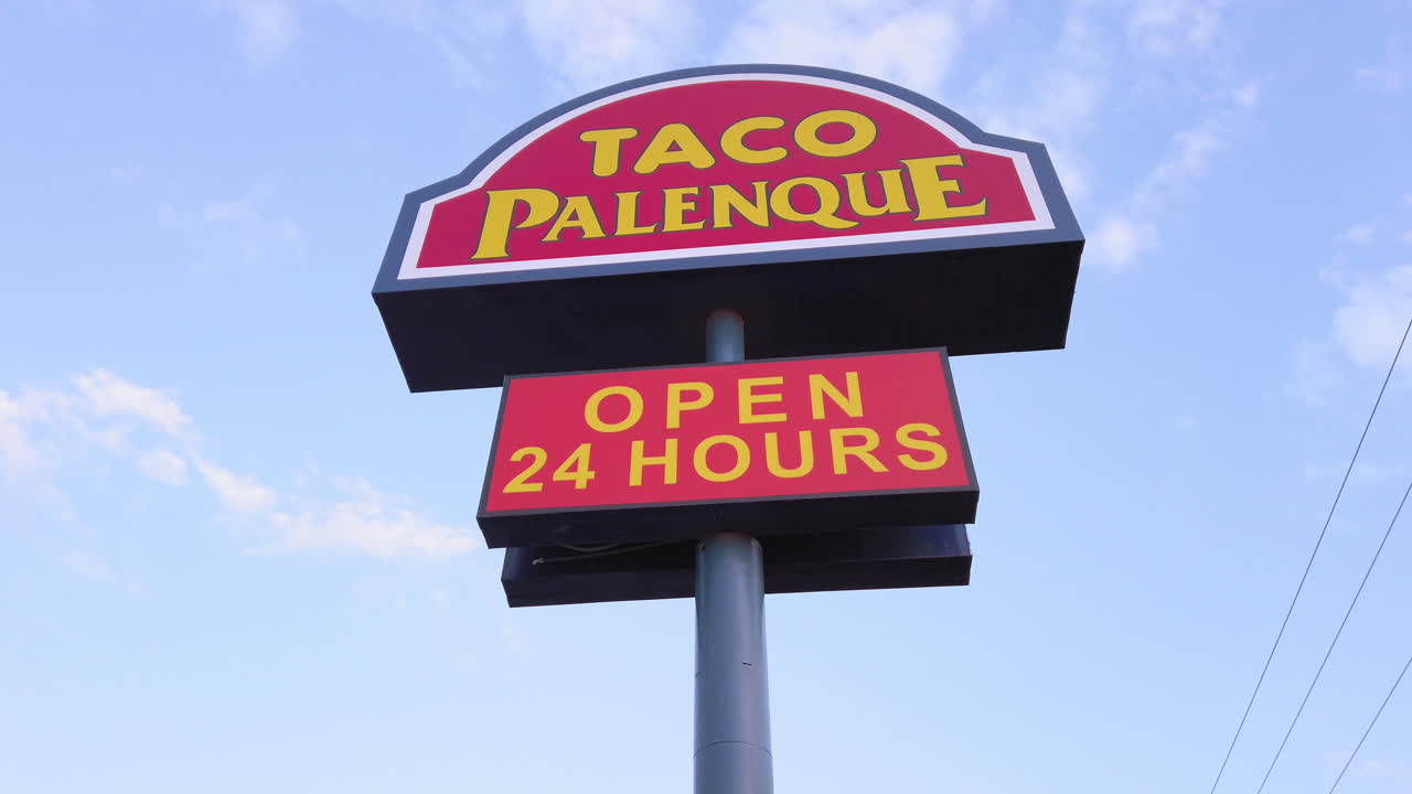 Taco Palenque sign in San Antonio, Texas. 4k