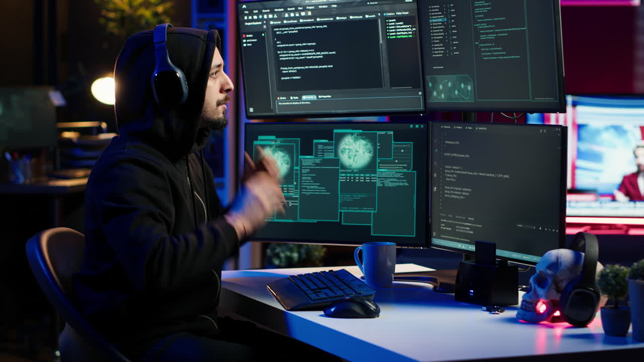 Hacker stealing credit card numbers while listening to music through headphones