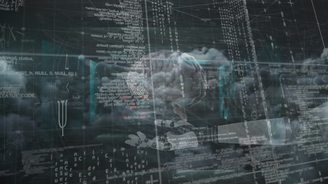 Human brain spinning over robotic arm against data processing and dark clouds