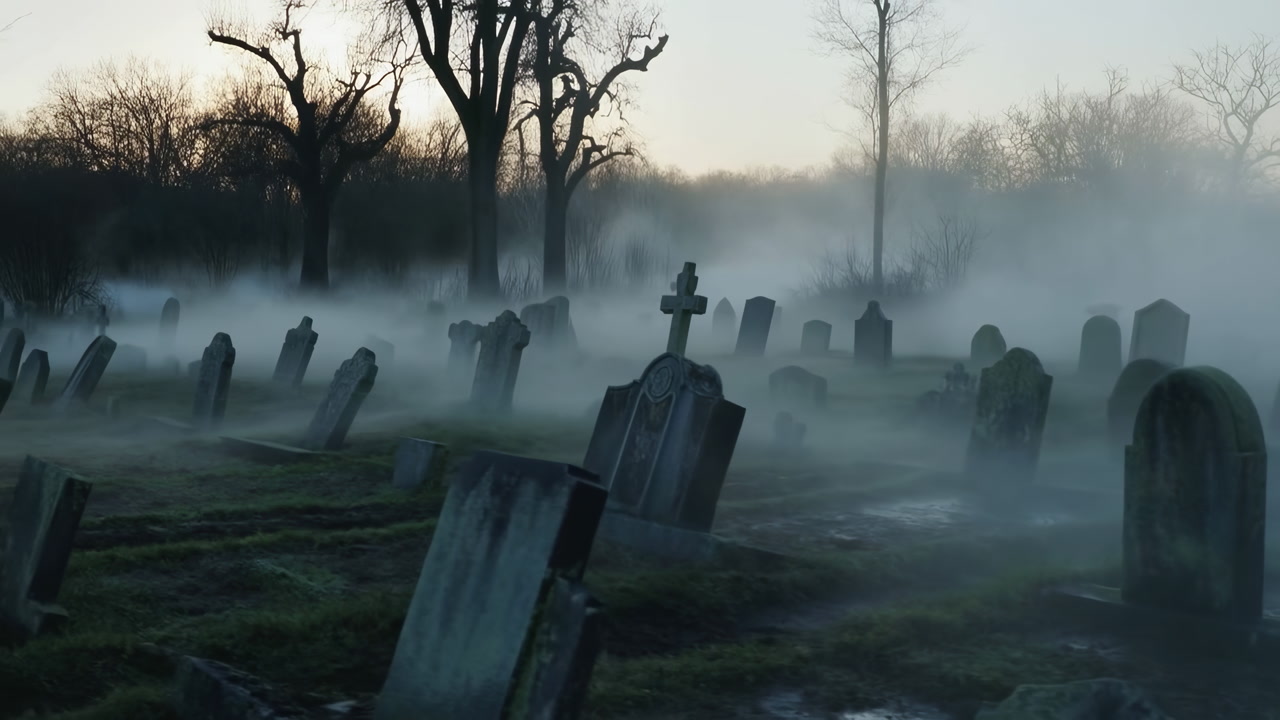 Foggy Graveyard At Dawn Under Trees, Leaning Weathered Tombstones And Crosses Emerge From Low Ground Fog,