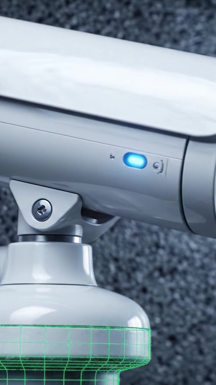 Una Telecamera di Sicurezza in Azione: Esame Dettagliato della Moderna Tecnologia di Sorveglianza con Miglioramenti Visivi e Sovrapposizione a Griglia per l'Analisi dei Dati e la Mappatura 3D