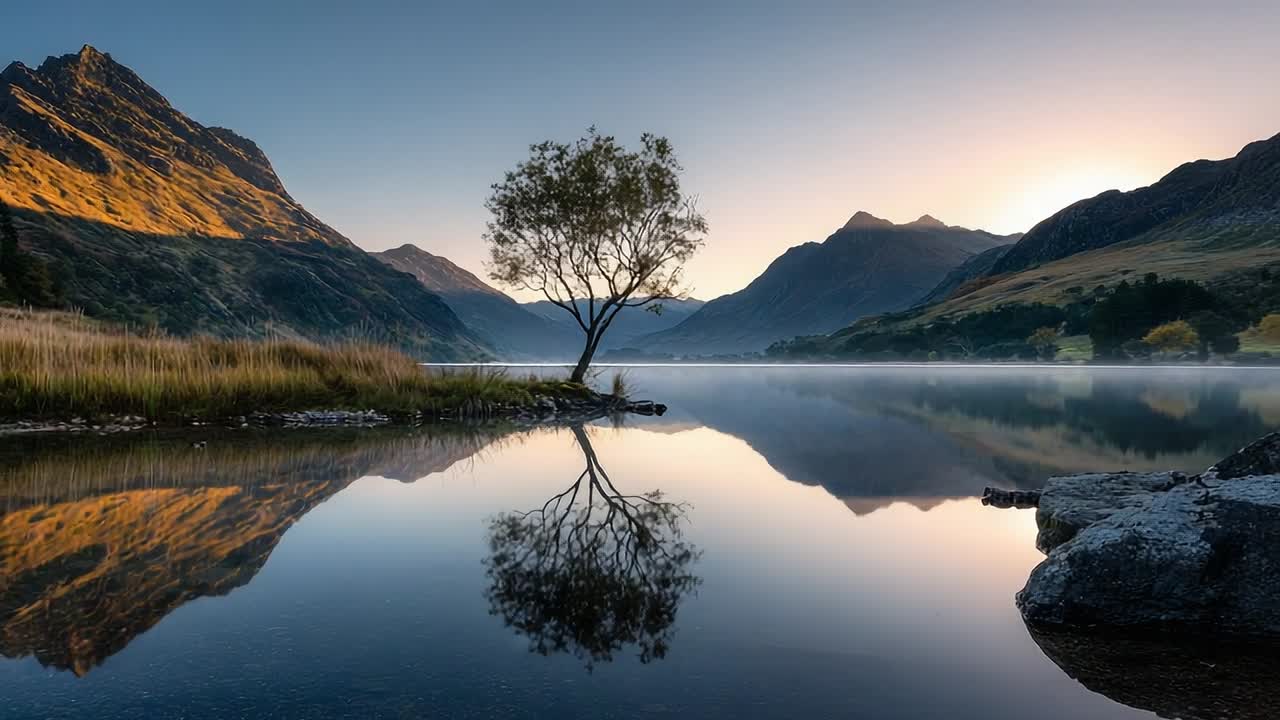 Sunrise over serene lake with mountains and a lone tree reflecting ...