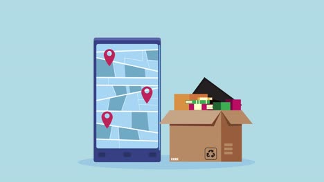 logistic service animation with carton box in smartphone