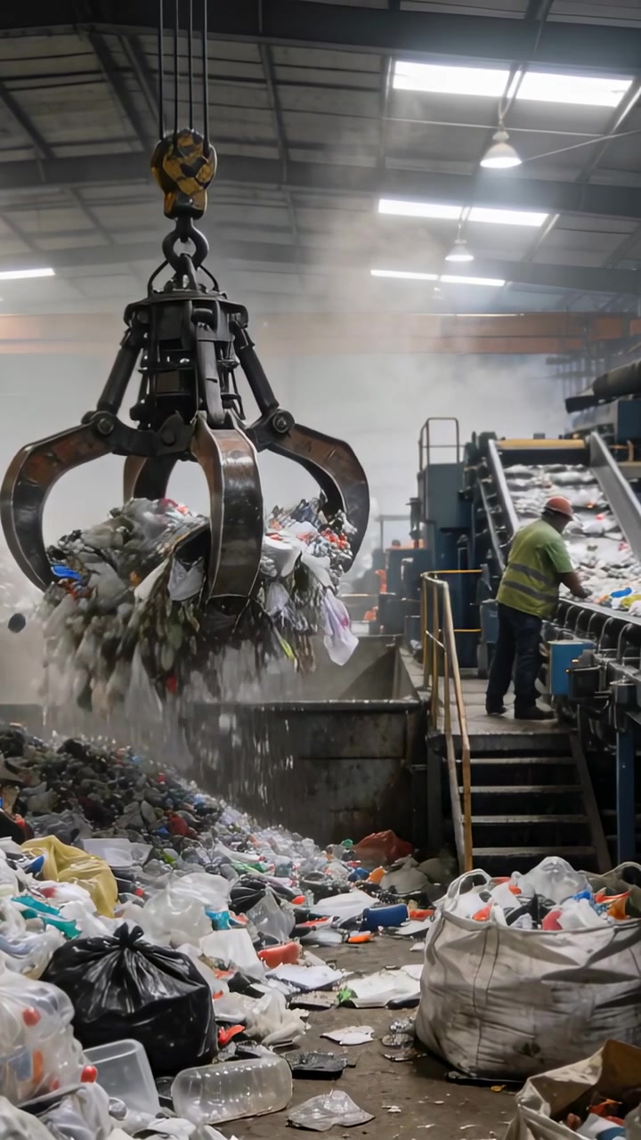 Vertical video: Lowering grab dumping waste from conveyor into pit worker in hi-vis sorting