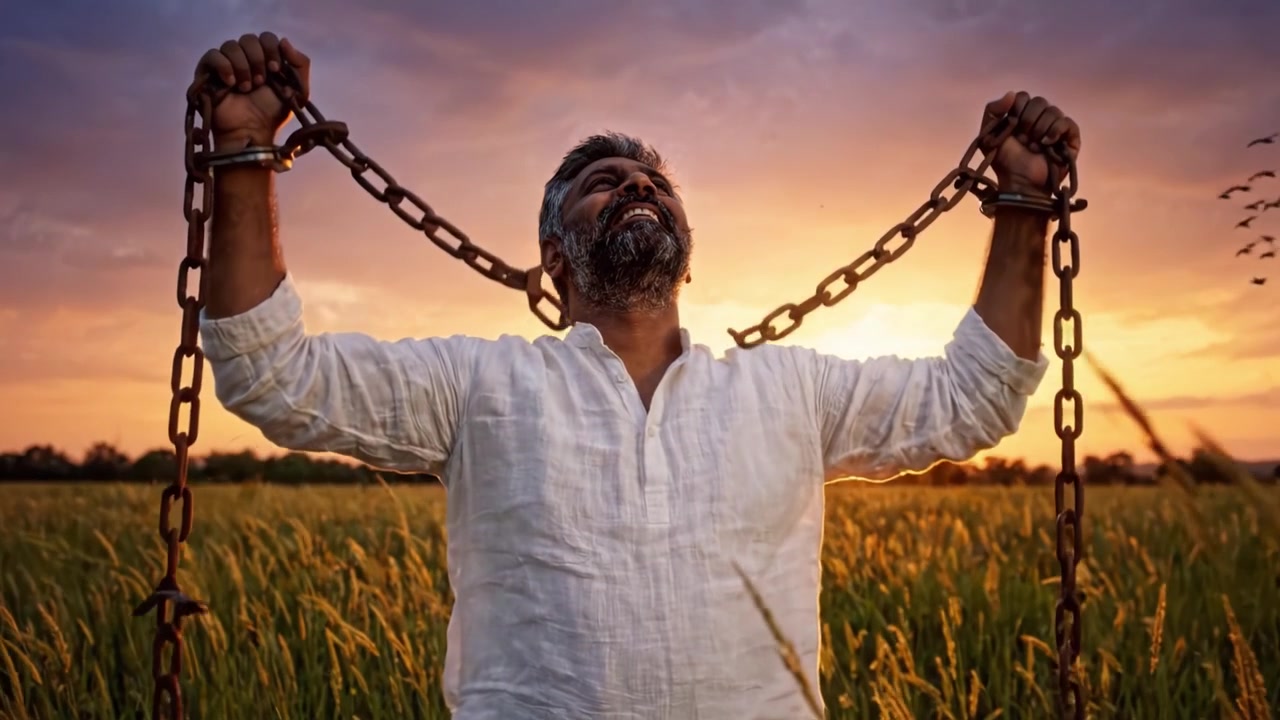 Ein widerstandsfähiger Mann befreit sich bei Sonnenuntergang von Ketten auf einem goldenen Feld, was Befreiung und Hoffnung im ländlichen Leben symbolisiert.