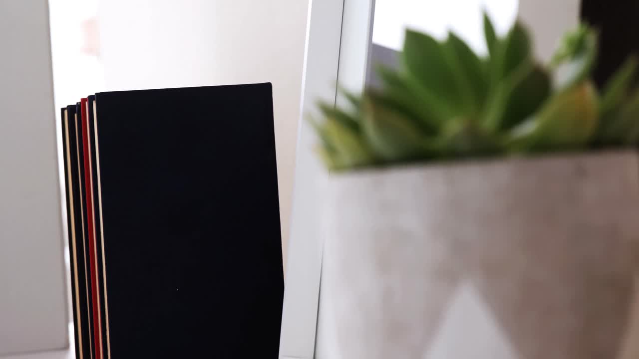 libros, espejo y planta de aloe vera en la mesa