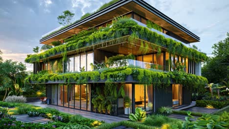 modern sustainable home with extensive vertical gardens and lush landscape