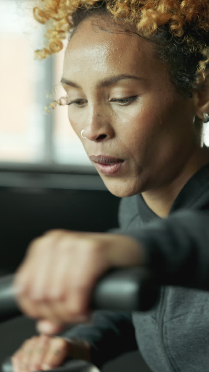Primer plano de mujer decidida haciendo ejercicio en un gimnasio