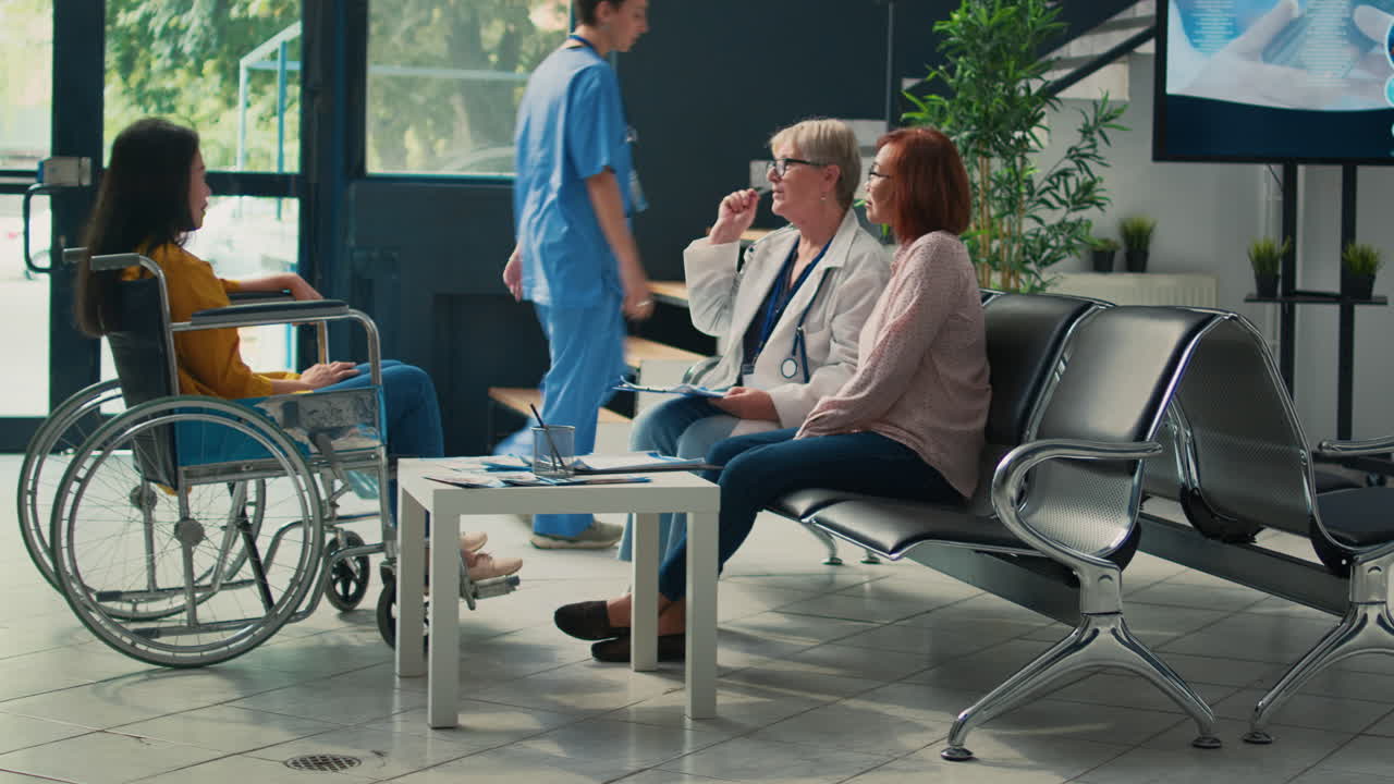 Healthcare professionals assisting patients in a hospital waiting room