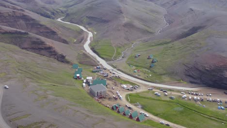 Aerial-of-Kerlingarfjöll-Mountain-Resort-in-highlands-of-Iceland,-summer