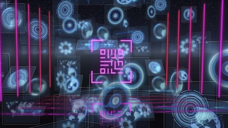 Animation af neon QR-kode med linjer over databehandling og skanningsomfang på sort baggrund
