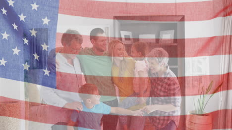 animación de la bandera de los estados unidos de américa ondeando sobre una familia caucásica sonriente