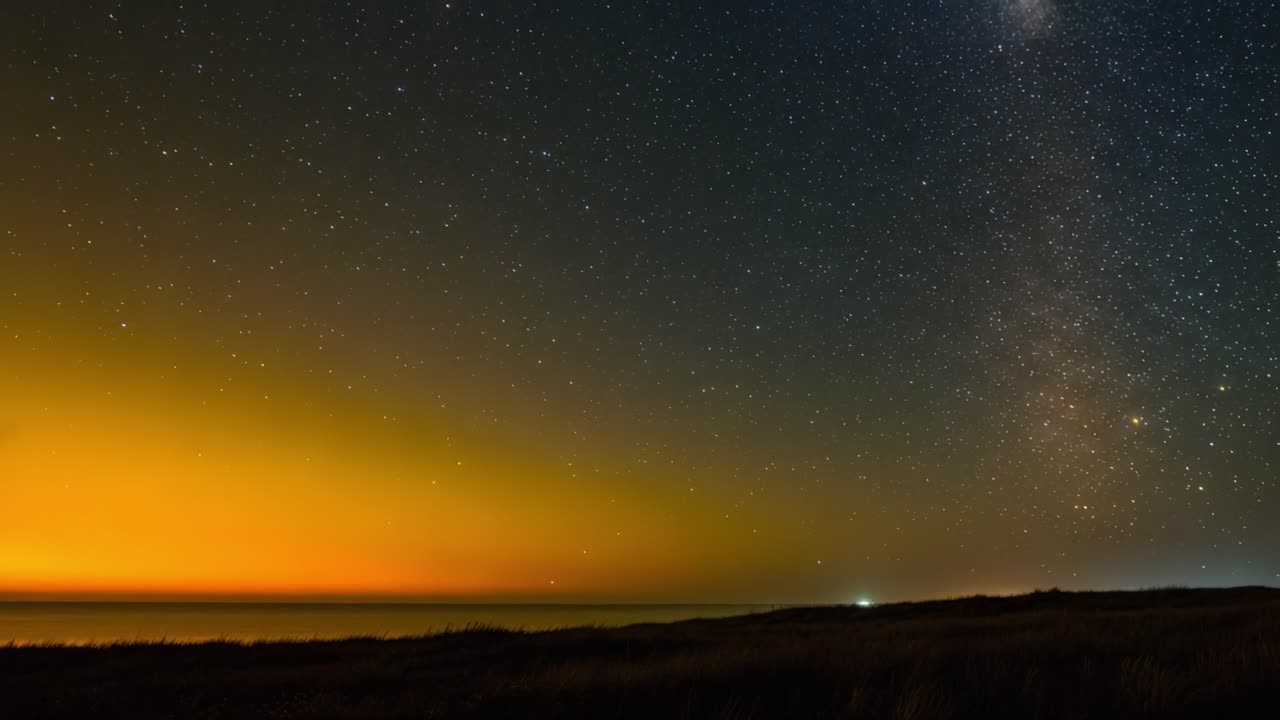 A Serene Transition: Captivating Views of the Starry Night Sky Blending with the Golden Horizon Over Tranquil Waters and Lush Grasslands