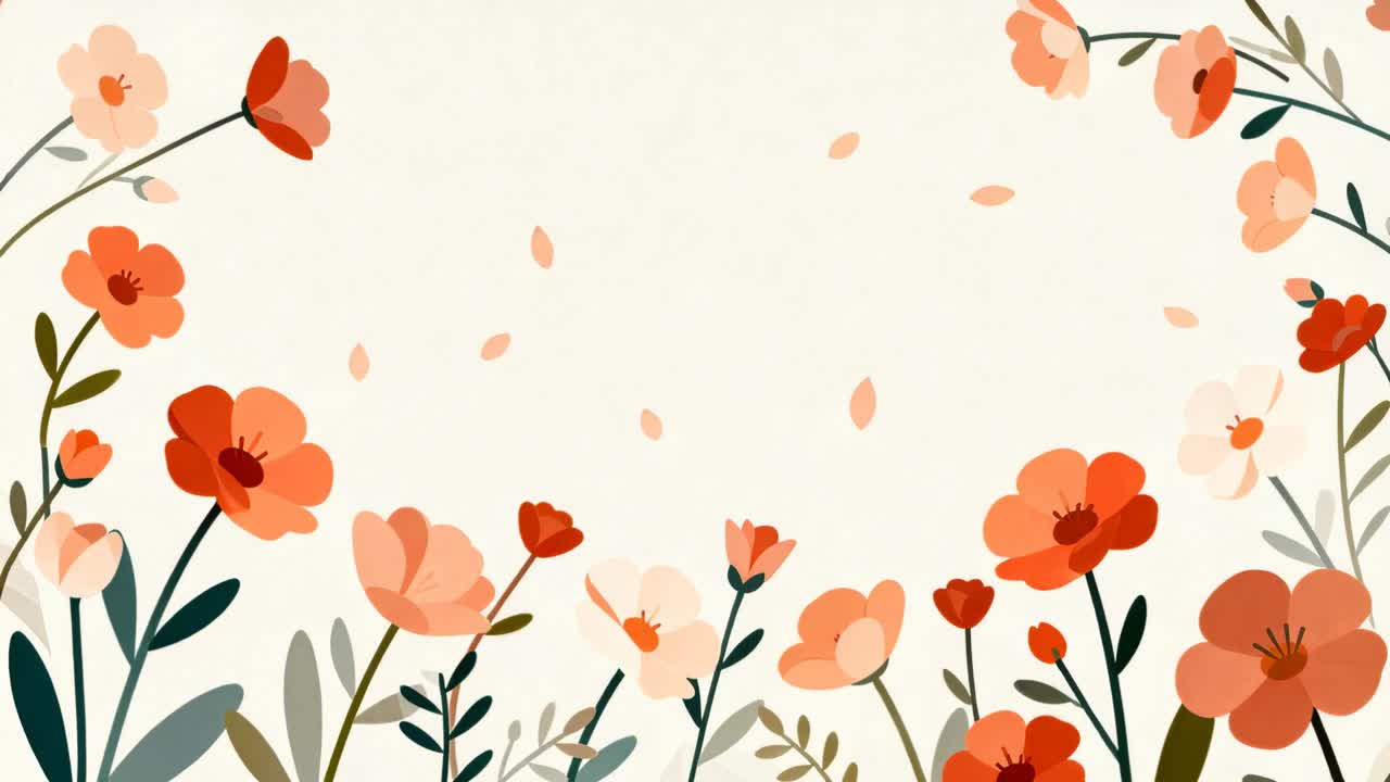 Borda floral flutuante soltando pétalas coral e pêssego sobre um campo de papel creme para design de cartão.