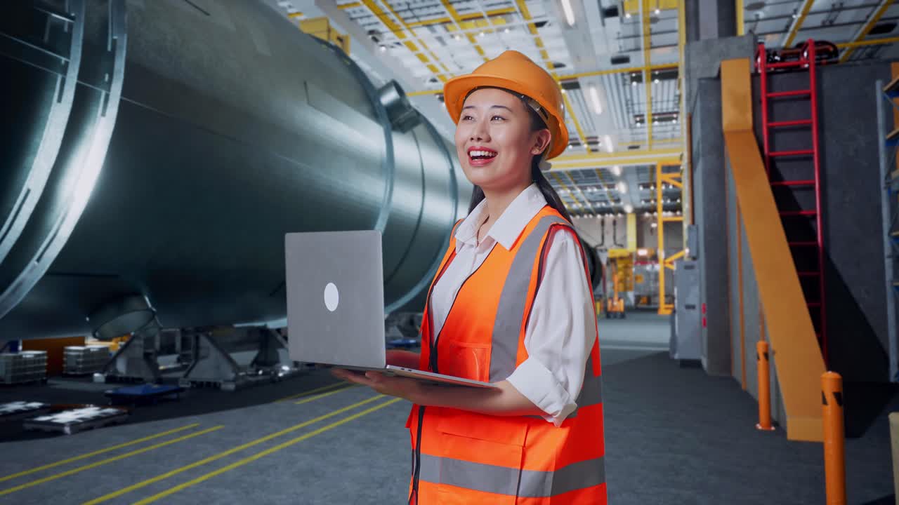 vista lateral de una ingeniera asiática con casco de seguridad trabajando en una computadora portátil y mirando a su alrededor mientras está de pie en una fábrica de fabricación de tubos