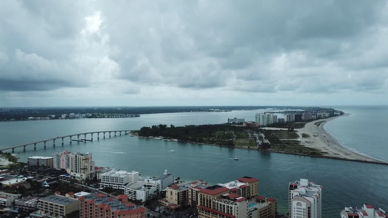 Causeway Bridge, Clearwater, Florida, Hotels Rain Clouds Aerial, Forward Pan