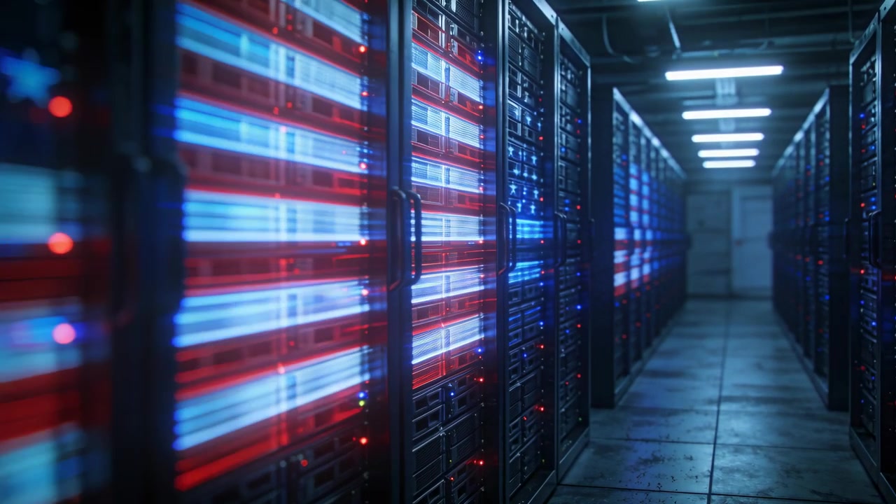 Fremadgående kamera viser serverrack med LED-paneler med amerikansk flagg i et datasenter, som viser systemstatus.