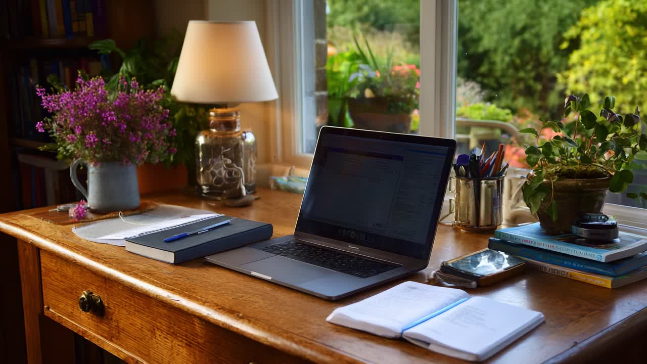 Ein gemütlicher Arbeitsbereich: Ein wunderschön organisierter Schreibtisch mit einem Laptop, Notizbüchern und Grünpflanzen, beleuchtet von weichem, natürlichem Licht aus einem nahegelegenen Fenster