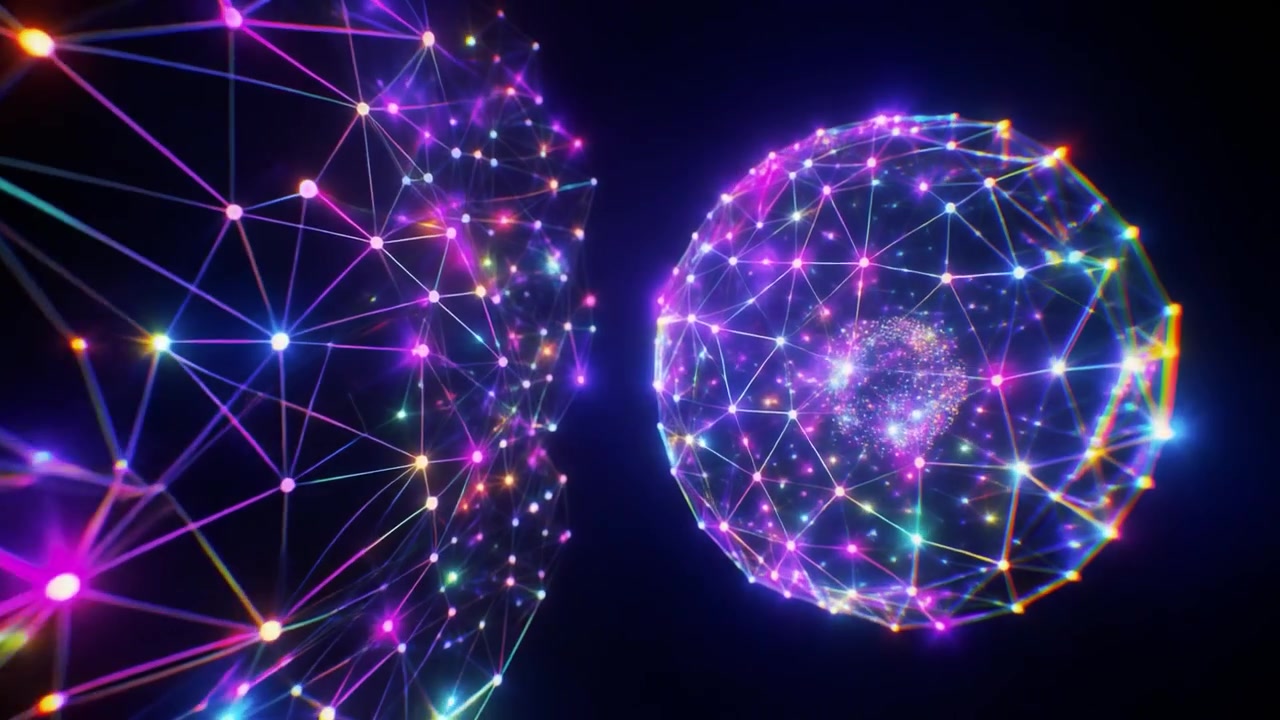 Abstract Glowing Network Spheres Rotating in Dark Space