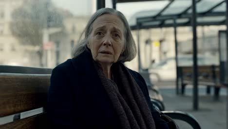 elderly woman sitting at a bus stop