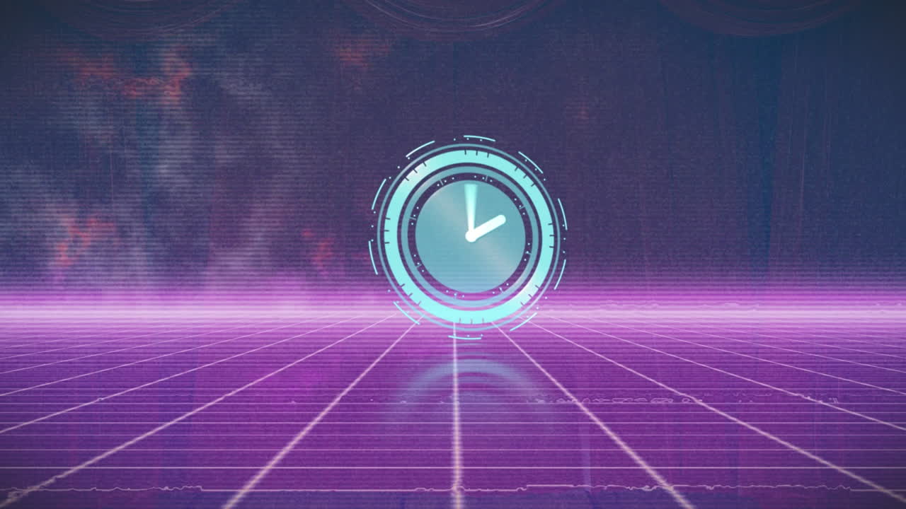 Animazione di orologio in movimento su linee al neon su sfondo nero