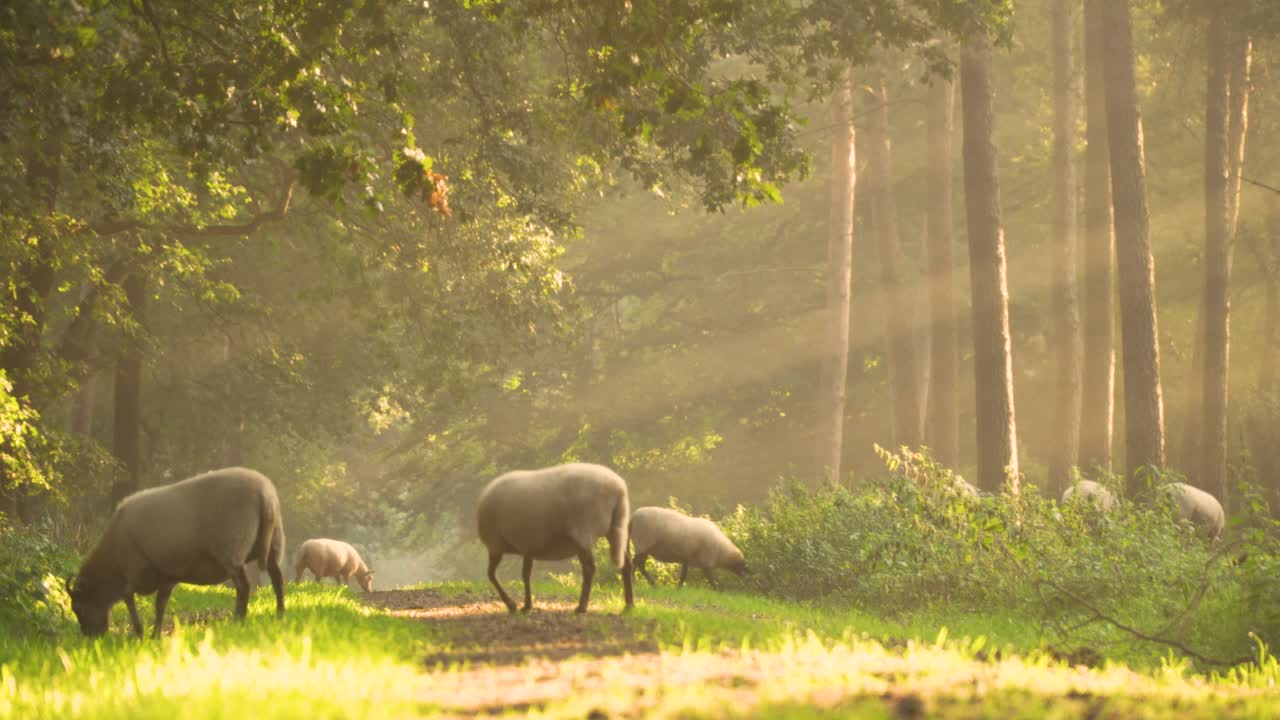 Sheep Grazing in a Sunny Forest