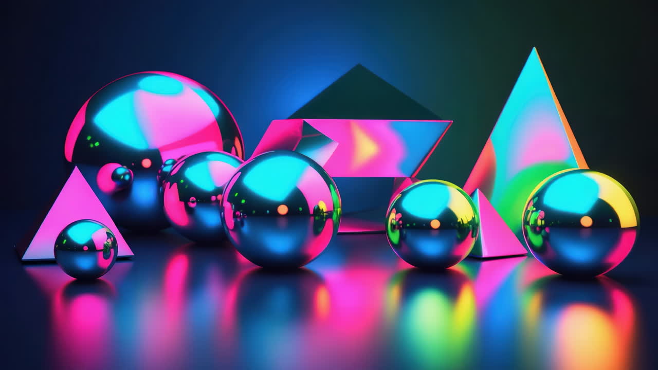Vibrant Neon Geometric Shapes with Reflective Surfaces