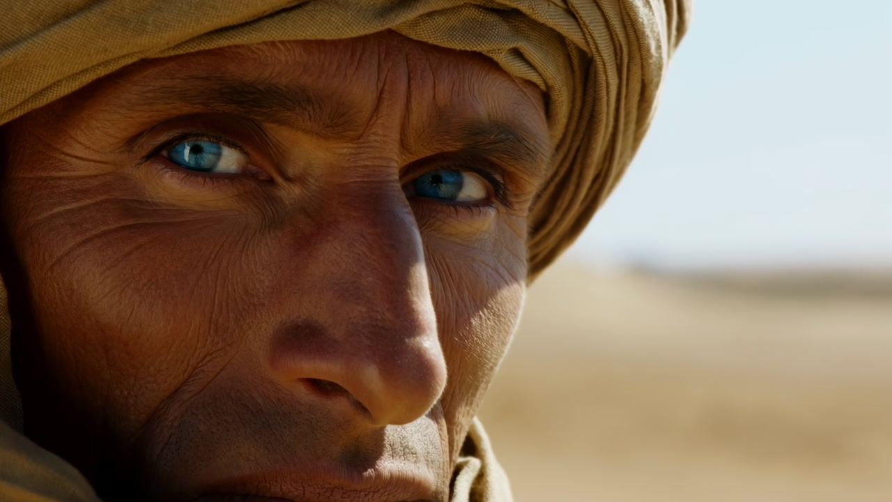 Desert Closeup Person With Turban Blue Eyes, Weathered Skin, Sunlit Dunes In Background, Intense Gaze