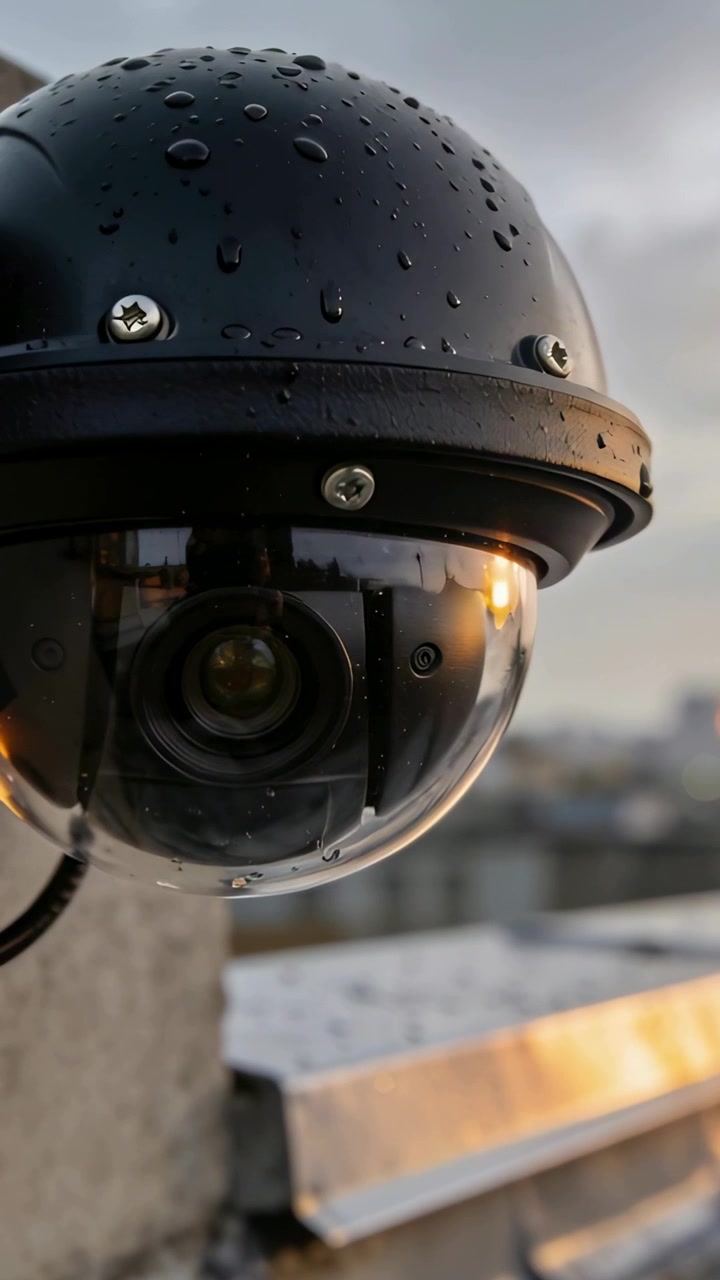 Vertical video: Operator nudging dome camera moving closer on rooftop to reveal droplets and screws