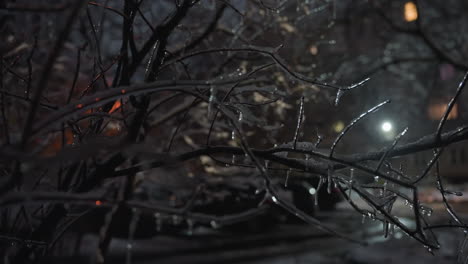 close-up of frosted bare tree branches coated with icicles and snowdrops, softly glowing light in the background, blurred building with unclear figures