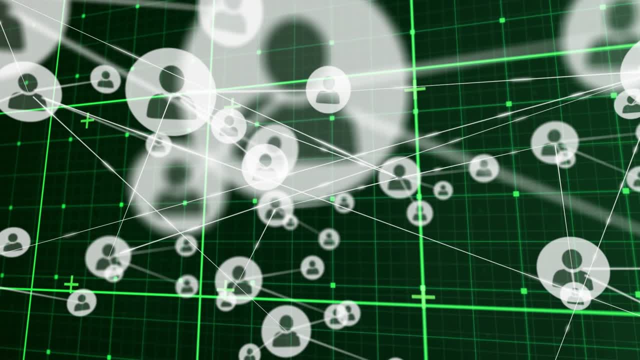 Right-edge pulse starting nodes spawning and linking, network forming on green HUD grid for data