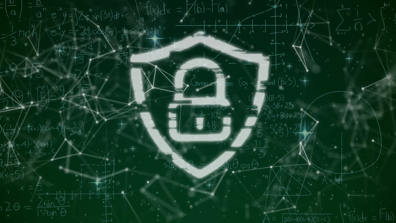 анимация значка замка и щита через сеть связи и звездное небо