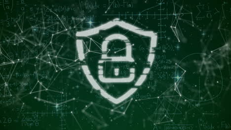 Animation of padlock and shield icon over communication network and starry sky