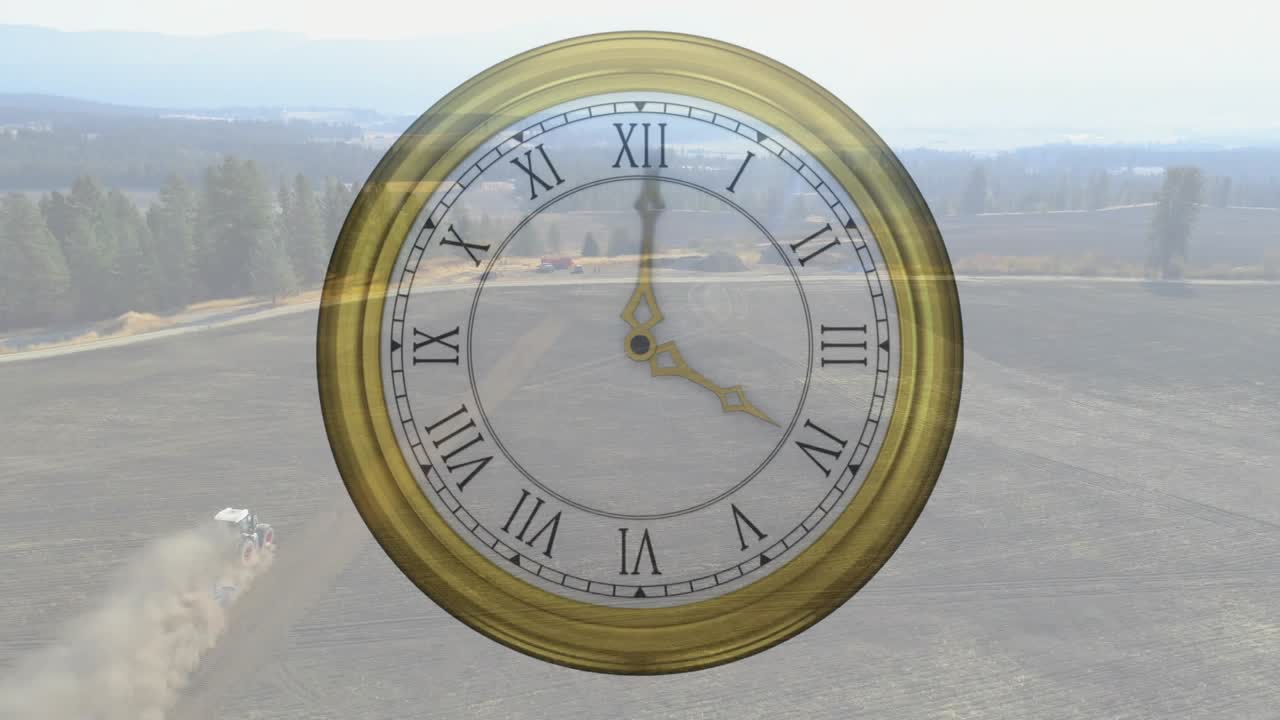 Brass clock overlay hands rotating clockwise while tractor entering kicking dust showing time