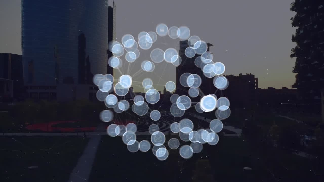 도시 풍경 위의 아이콘으로 연결된 네트워크의 애니메이션