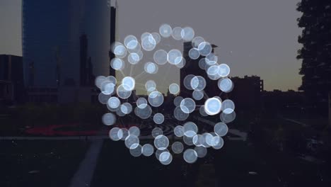 animation of network of connections with icons over cityscape