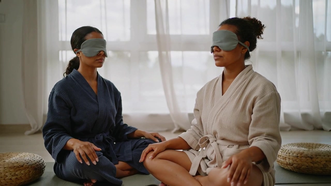 Kvinder i badekåber, der løfter grå masker for at dække øjnene ved sessionens start i et meditationsstudie.