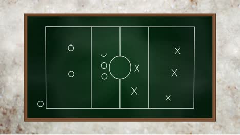 Animation-of-football-game-strategy-drawn-on-green-chalkboard-against-grey-textured-background