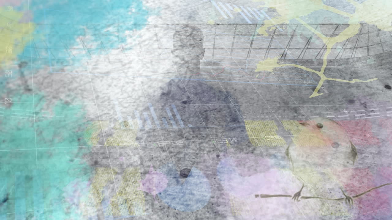 animación del procesamiento de datos y siluetas de deportistas sobre el estadio deportivo