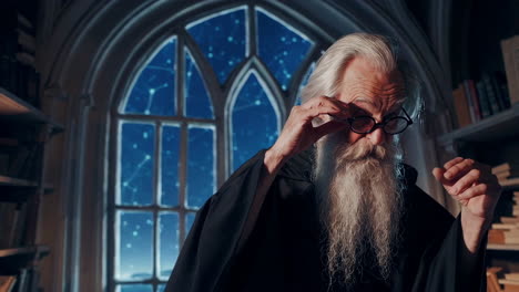 old wizard in a library at night