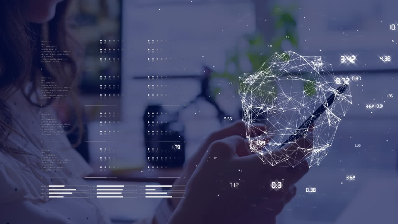 Animation of financial data processing over caucasian woman using smartphone
