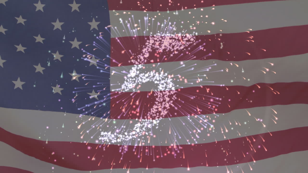 Animation of flag of america over countdown and fireworks