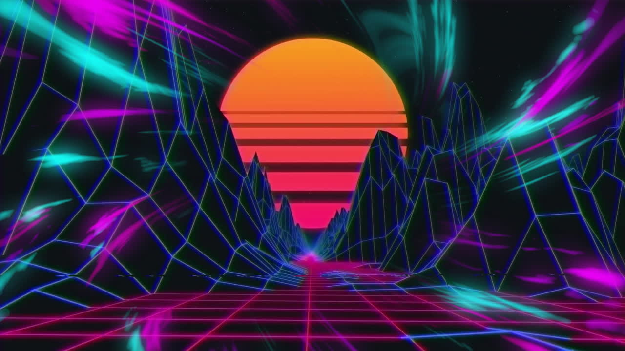 Neon grid landscape and mountains with glowing sunset in retro-futuristic animation