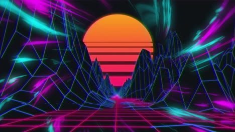 neon grid landscape and mountains with glowing sunset in retro-futuristic animation