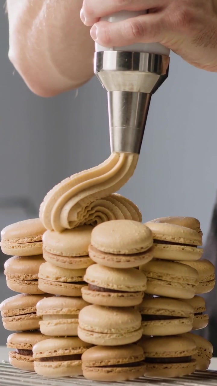 Vertical video: Piping chef hands in apron with nozzle touching macaron tower on worktop topping