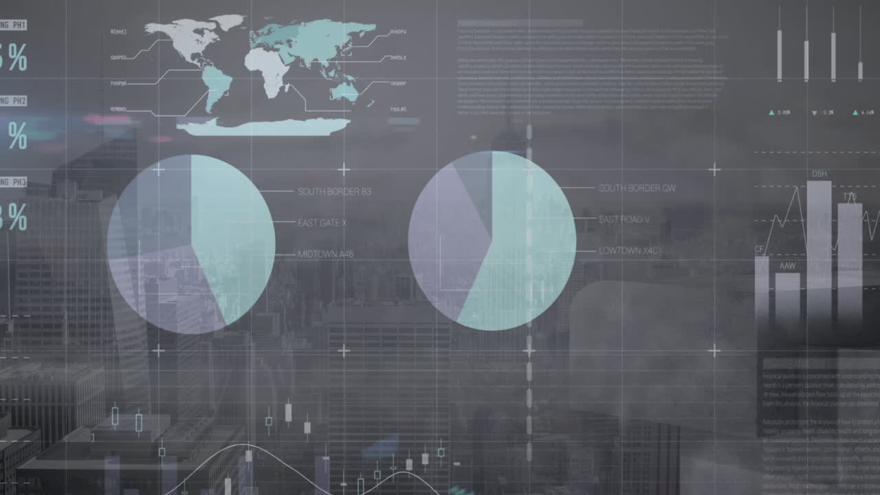 animación del procesamiento de datos financieros sobre el paisaje urbano