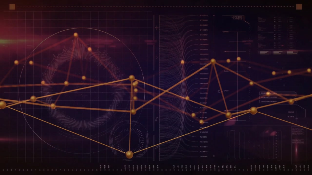 Interface opening causing golden nodes network emerging and connecting, pulsing data visualization