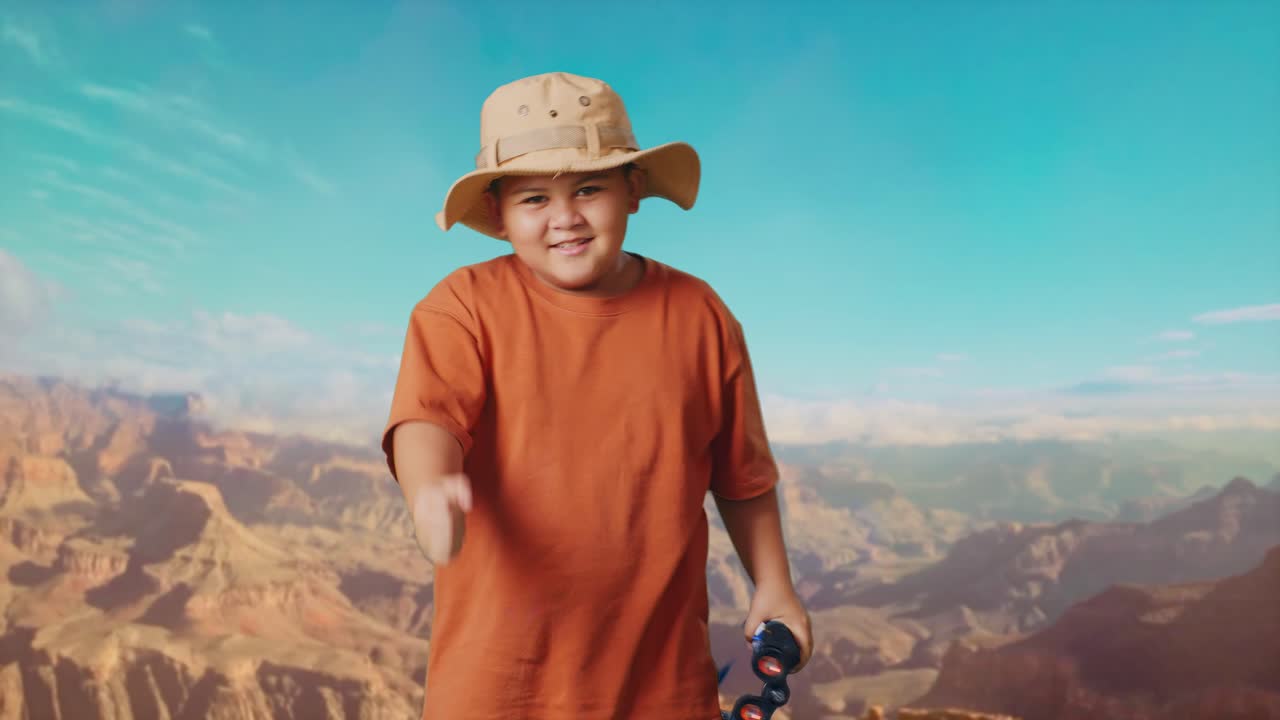 Asian Boy With A Hat Dancing After Looking Through The Binoculars. Boy Researcher Examines Something While Traveling At The Top Of Mountain, Travel Tourism Adventure Concept