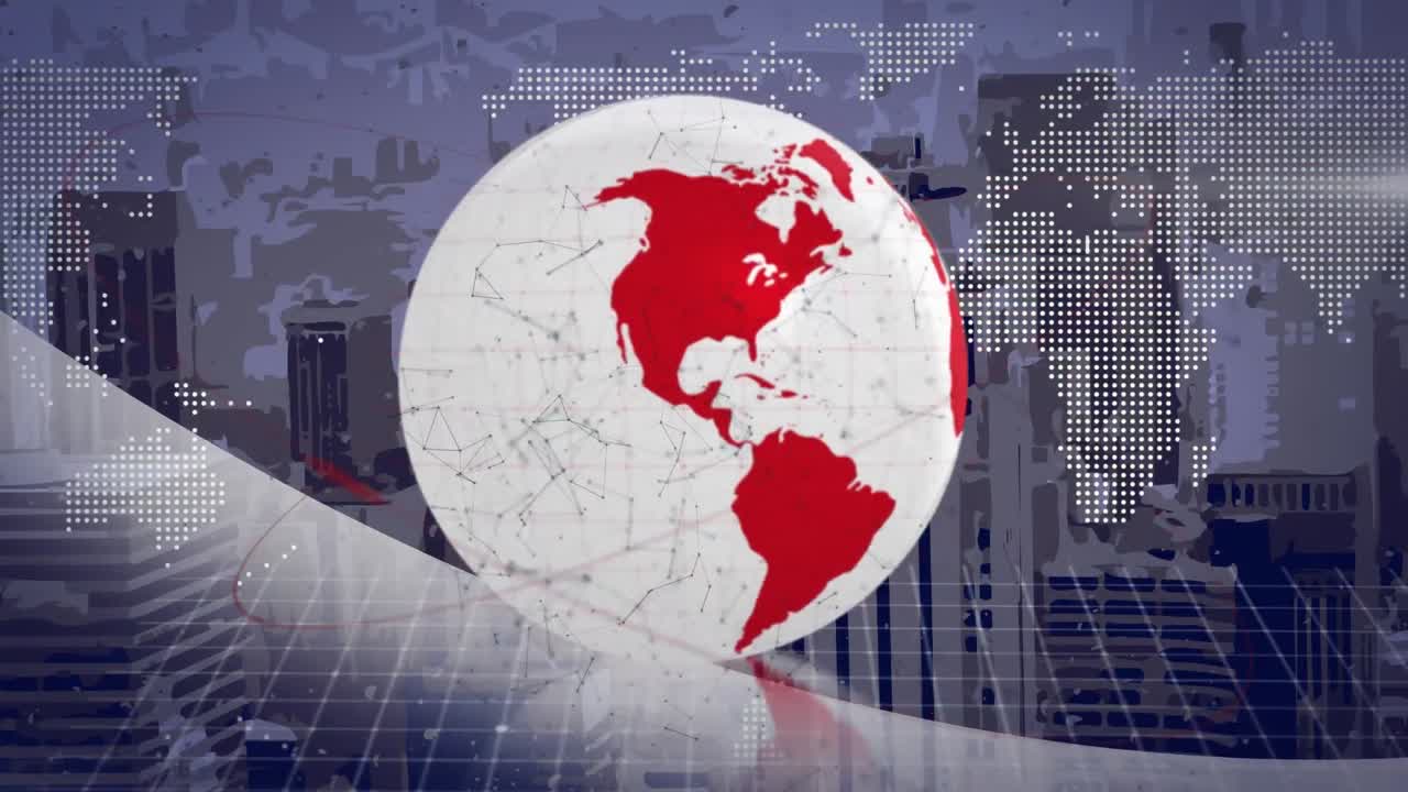 animación de la rotación del globo y red de conexiones sobre el paisaje urbano