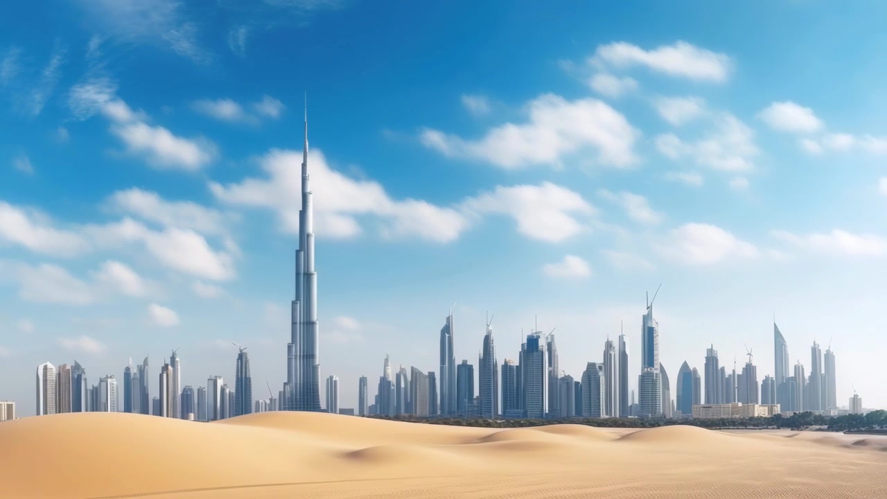 Time-lapse dello skyline di Dubai che domina le dune di sabbia del deserto